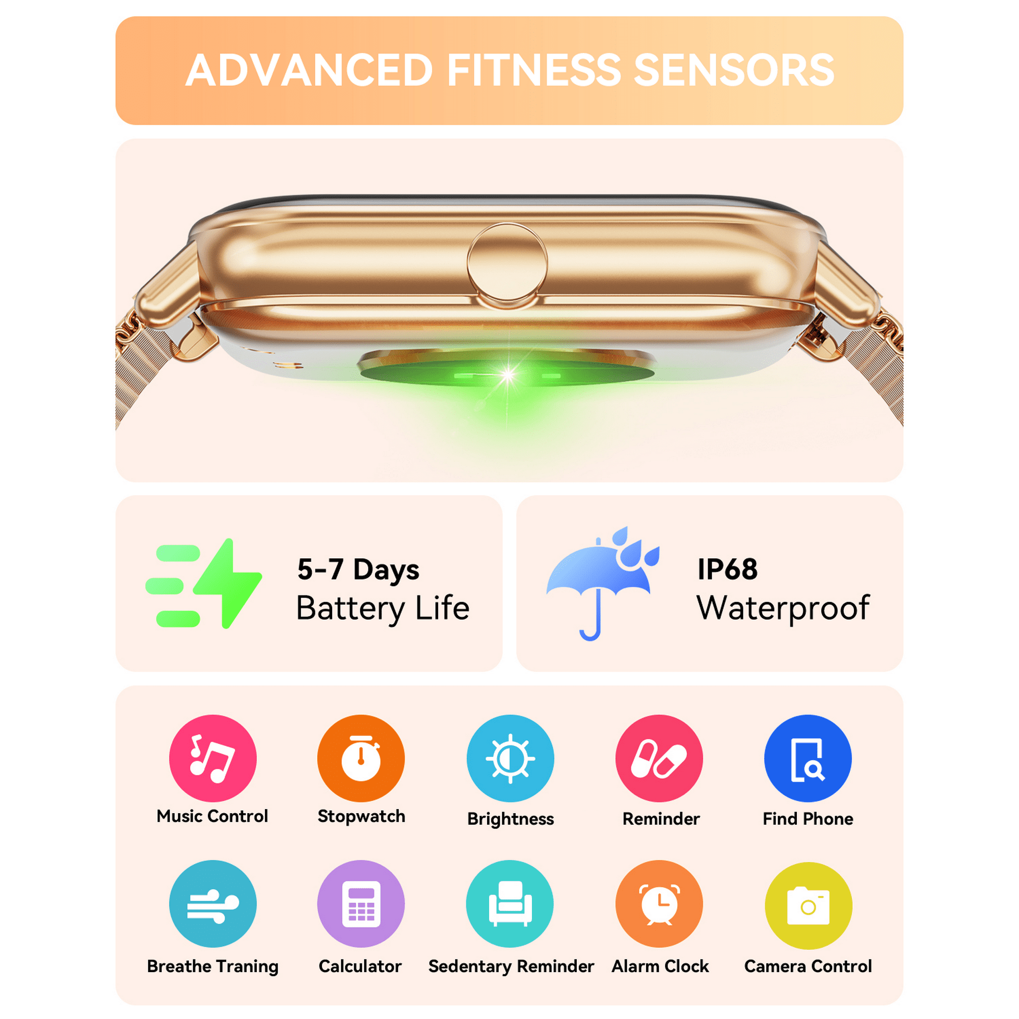 Eine Smartwatch mit Symbolen, die Akkulaufzeit, Wasserdichtigkeit, Musik, Stoppuhr usw. illustrieren, auf weißem Hintergrund.