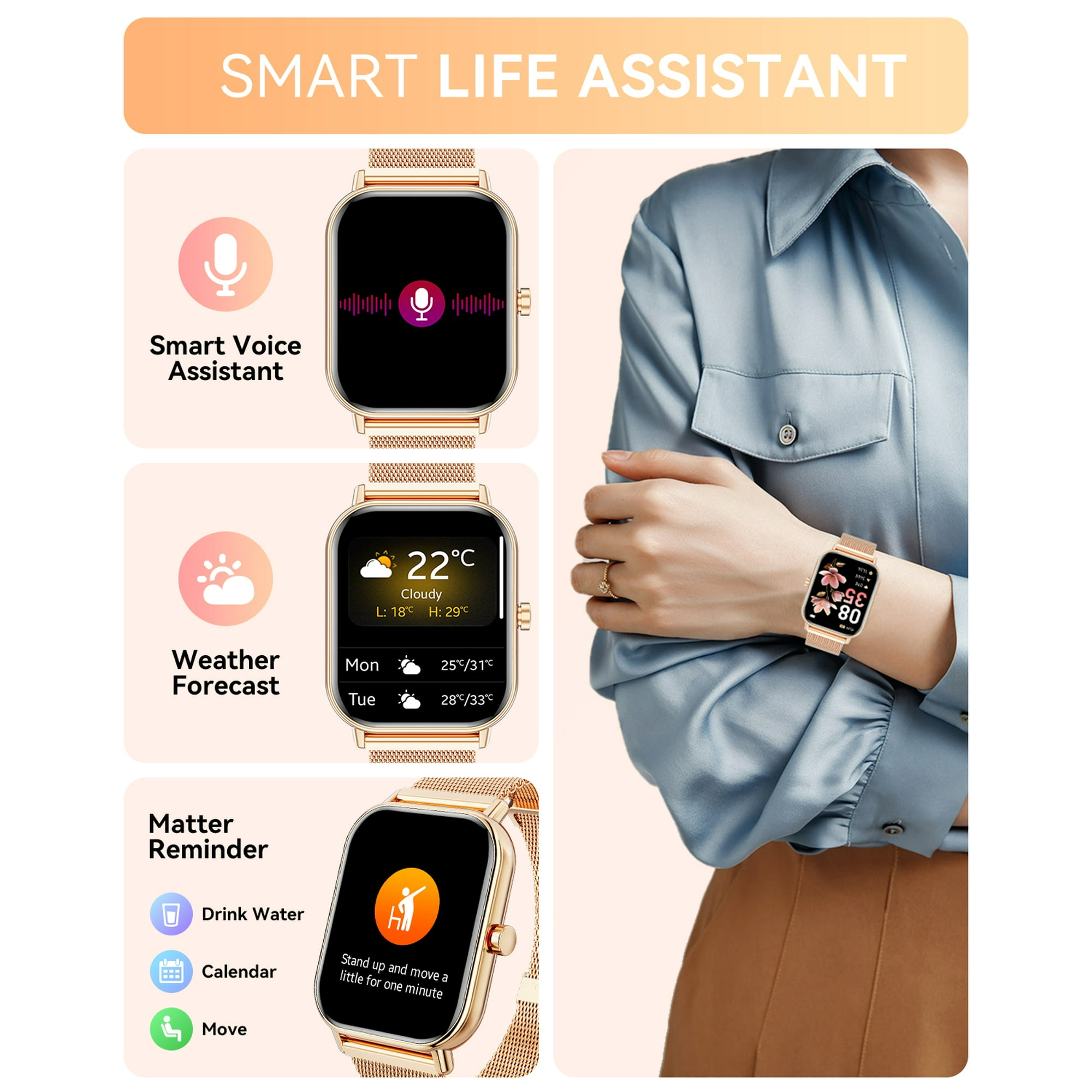 Smartwatch mit intelligentem Sprachassistenten, Wettervorhersage und Erinnerungen.