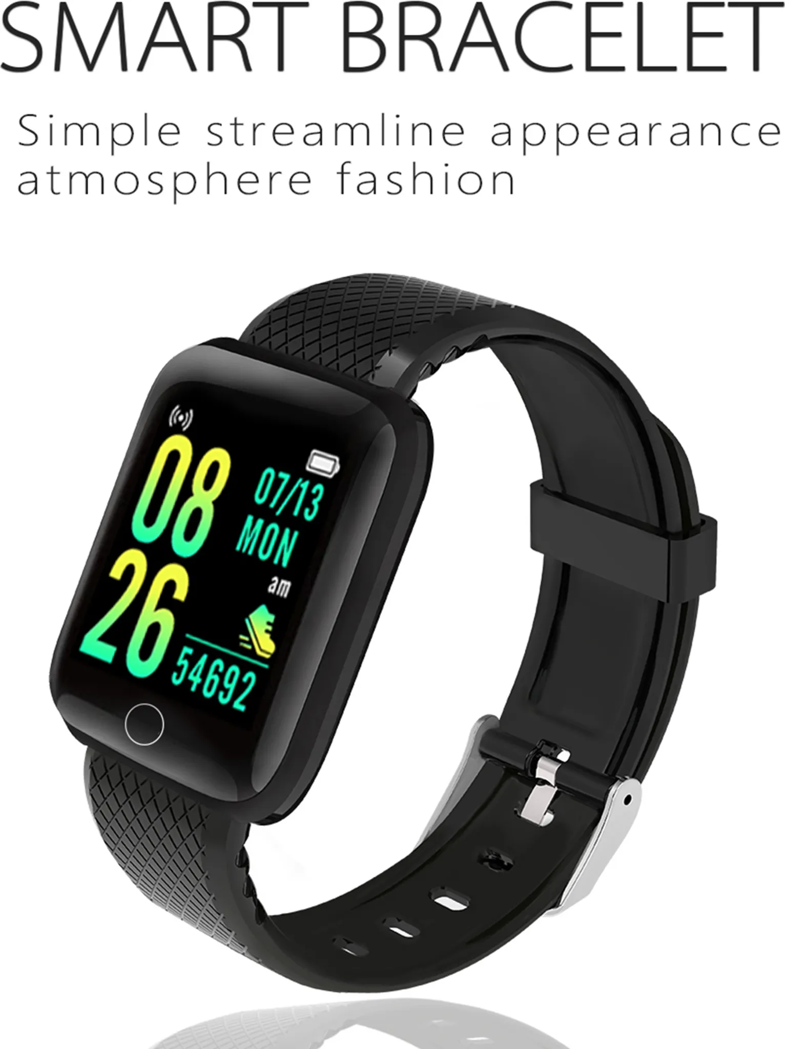 Schwarze Smartwatch mit Zeit, Datum und Gesundheitsdaten. Schwarzes Armband, silberne Schnalle, strukturiertes Band.