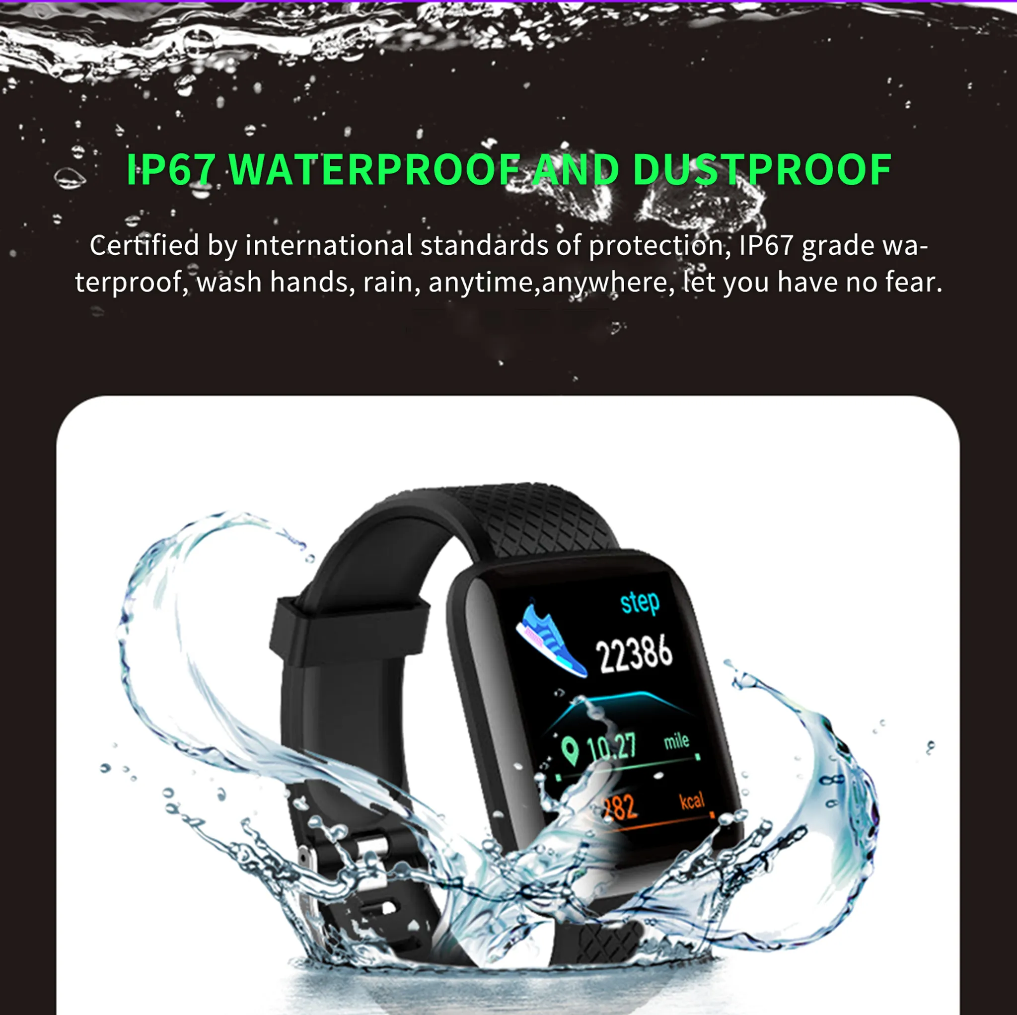 Eine schwarze Smartwatch, die mit Wasser bespritzt wird, zeigt Schritte und Kalorien.