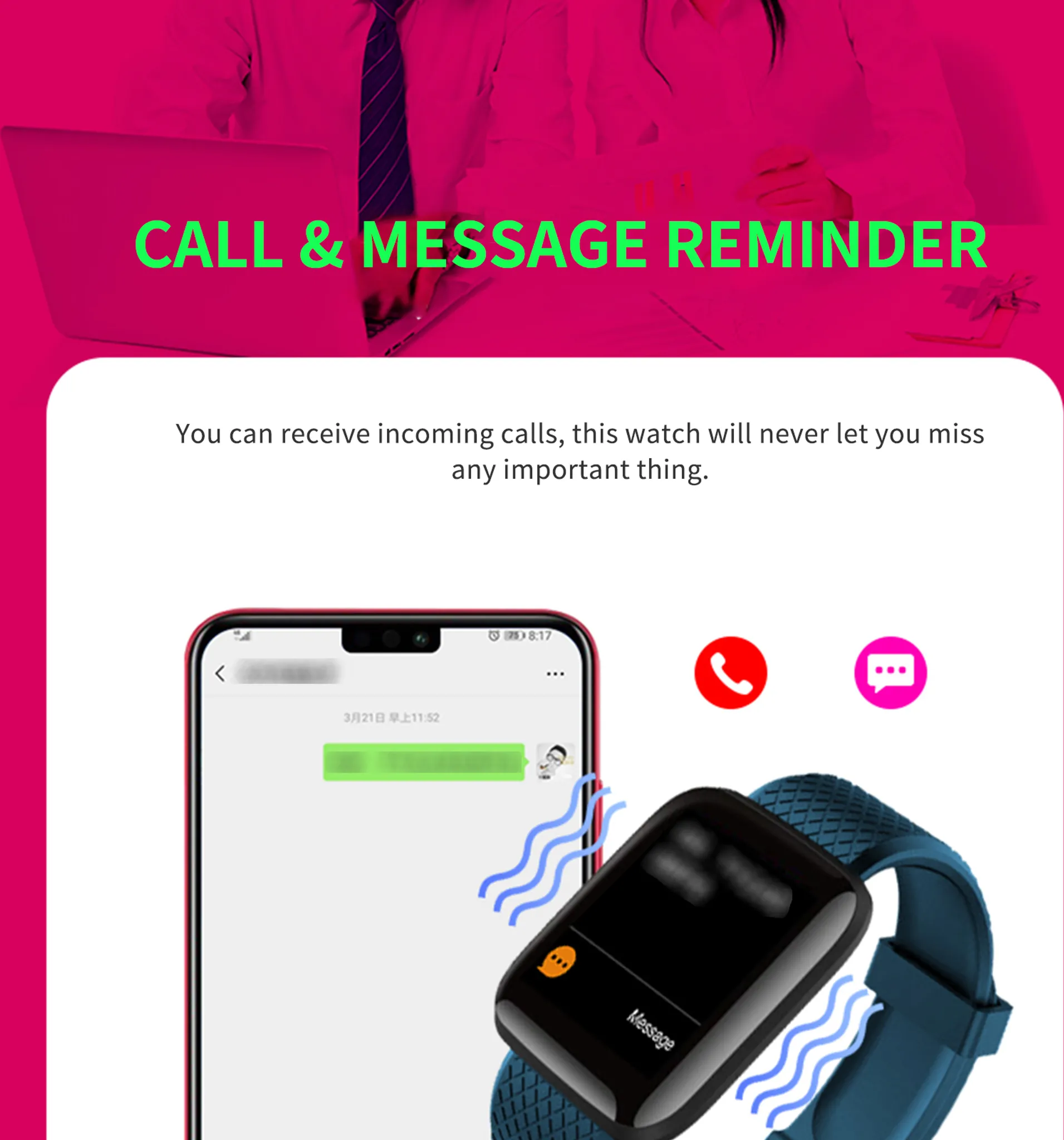 Smartwatch mit einem Bildschirm, der eine Anruf- und Nachrichten-Erinnerung anzeigt. Die Uhr ist dunkelblau.