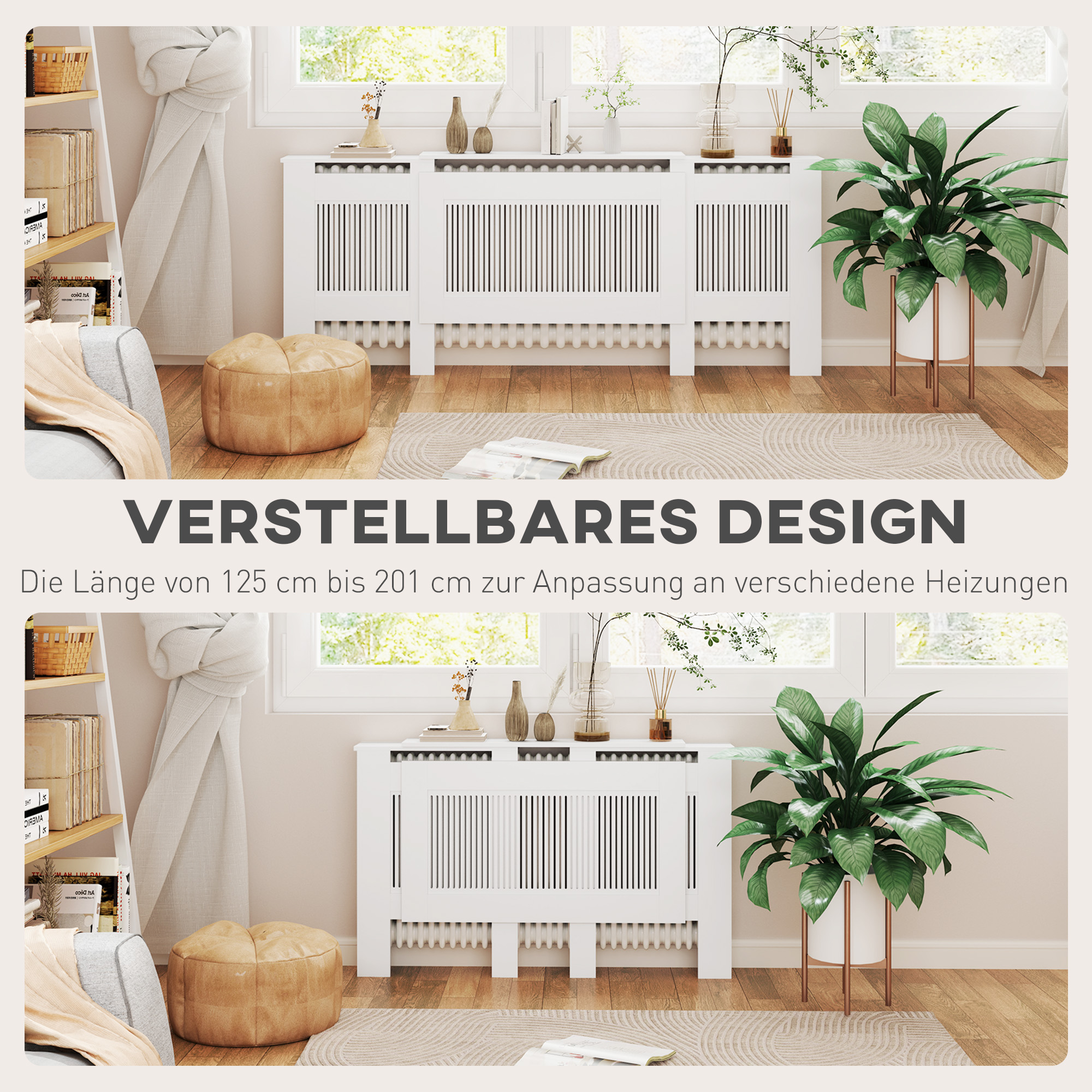 Zwei weiße Heizkörperverkleidungen, eine mit einer Länge von 125 cm bis 201 cm, mit Pflanzen und Dekorationen.
