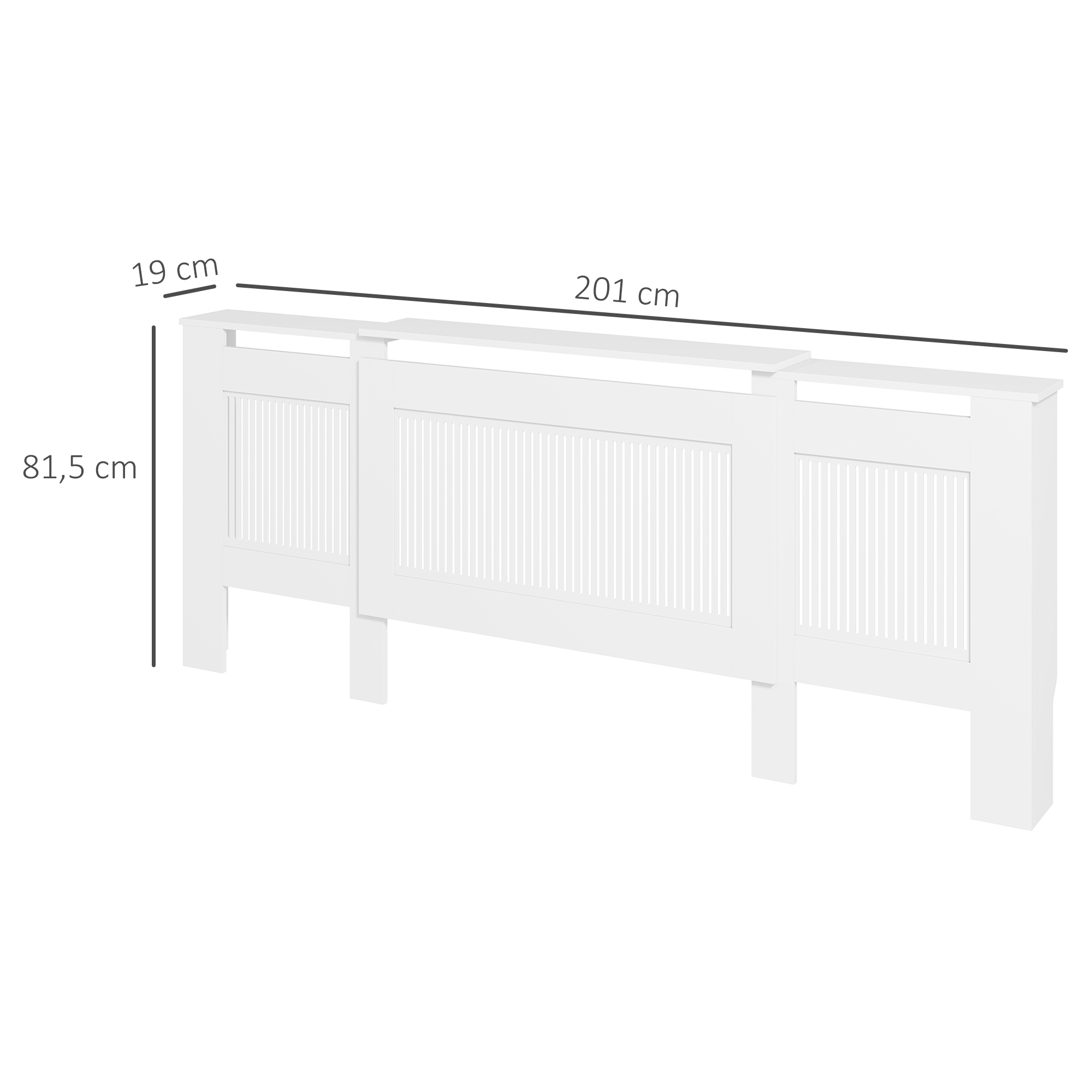Weiße Heizkörperabdeckung mit Abmessungen: 201 cm lang, 81,5 cm hoch und 19 cm tief. Sie ist weiß.