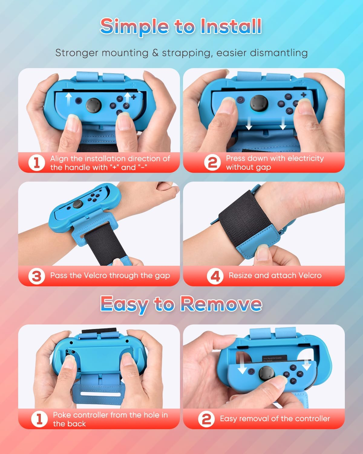 Schritte zum Installieren und Entfernen des Controllers von den Handgelenkbändern.