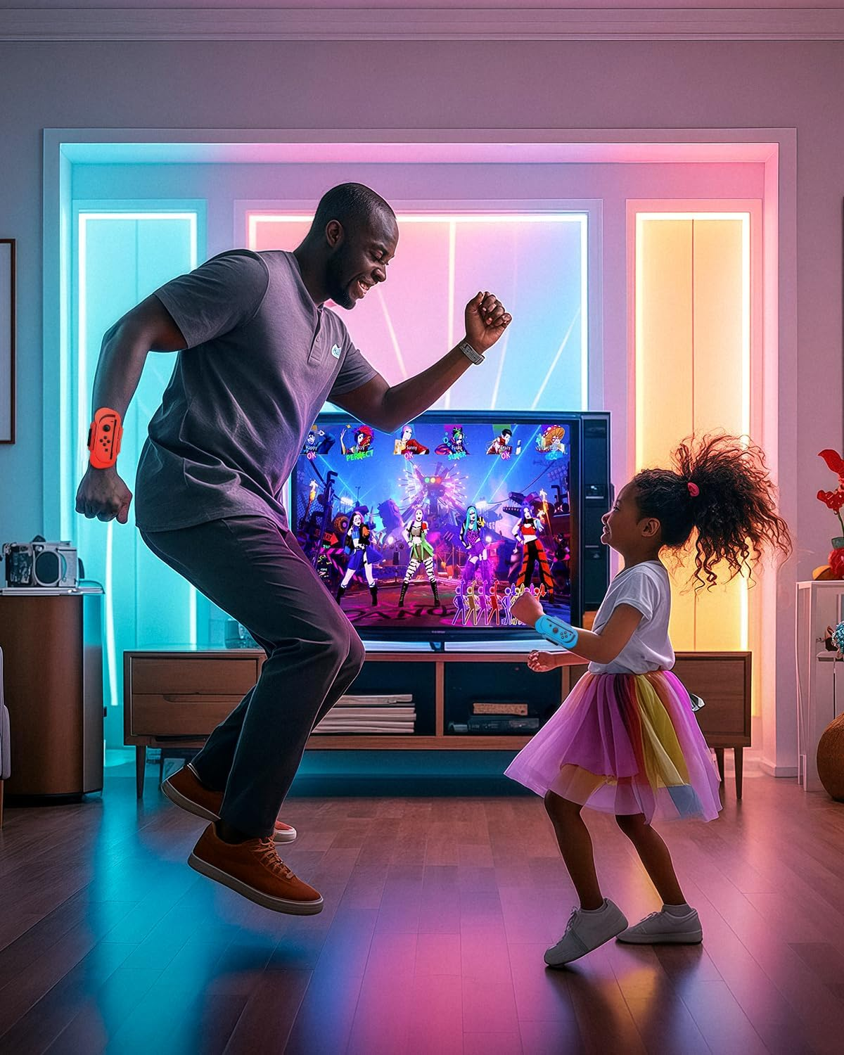Vater und Tochter tanzen vor einem Fernseher und halten Spielcontroller.