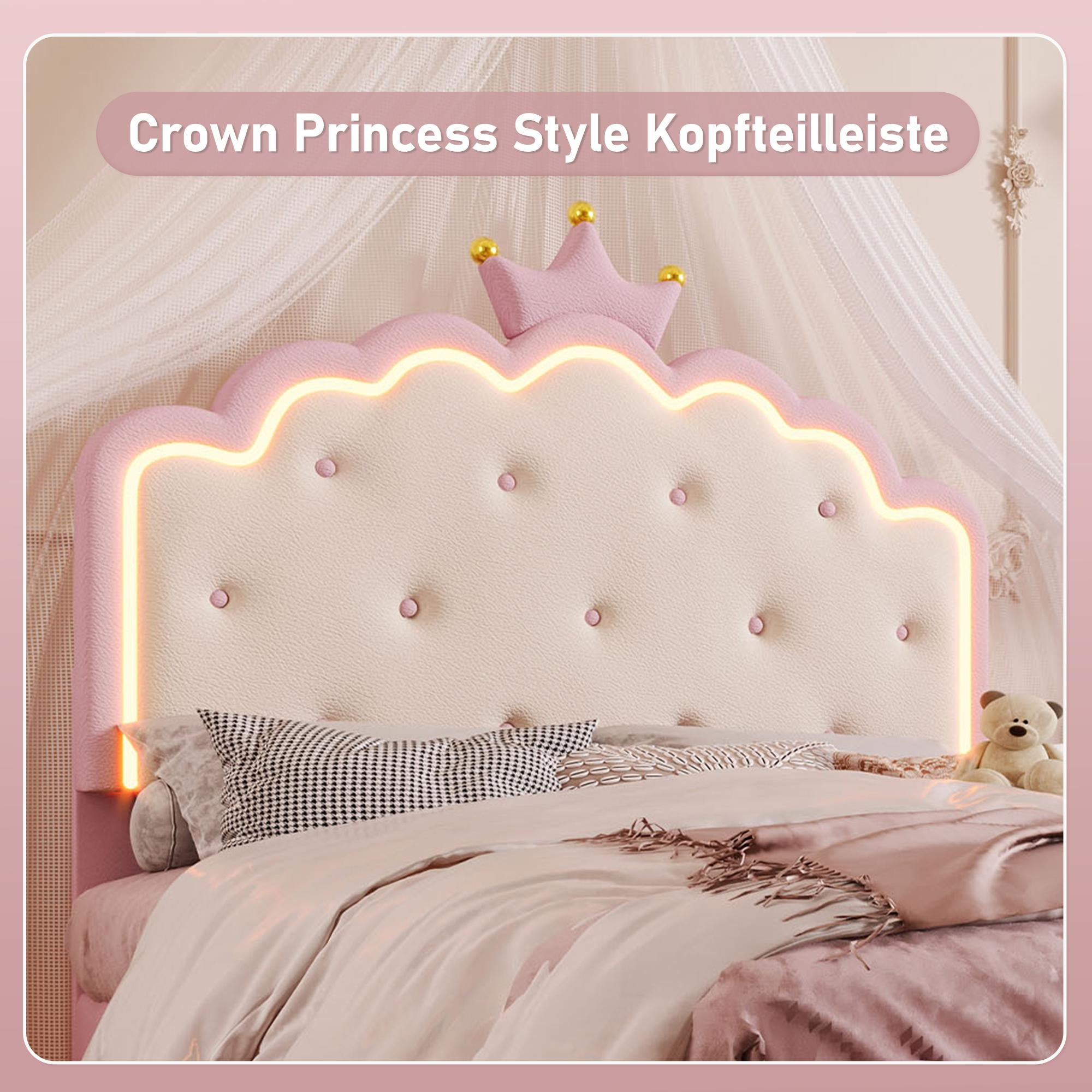 Ein Prinzessinnen-Bettkopfteil mit rosa und goldenen Akzenten.