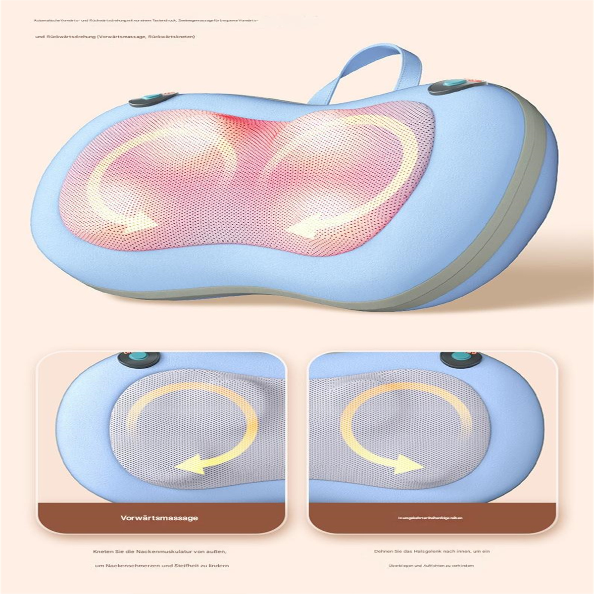 Blauer Nackenmassagegerät mit zwei Massagebereichen, Diagramme zeigen Massagefunktionen.