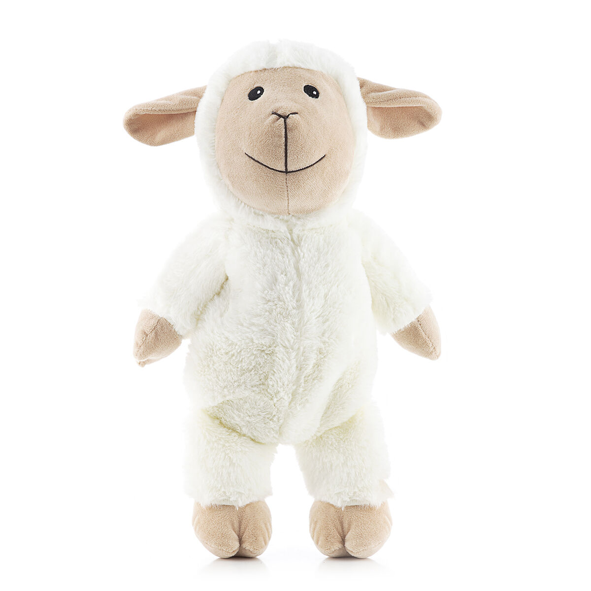 Giocattolo a forma di agnello di peluche, pelliccia bianca, viso e piedi marroni, in piedi su sfondo bianco.