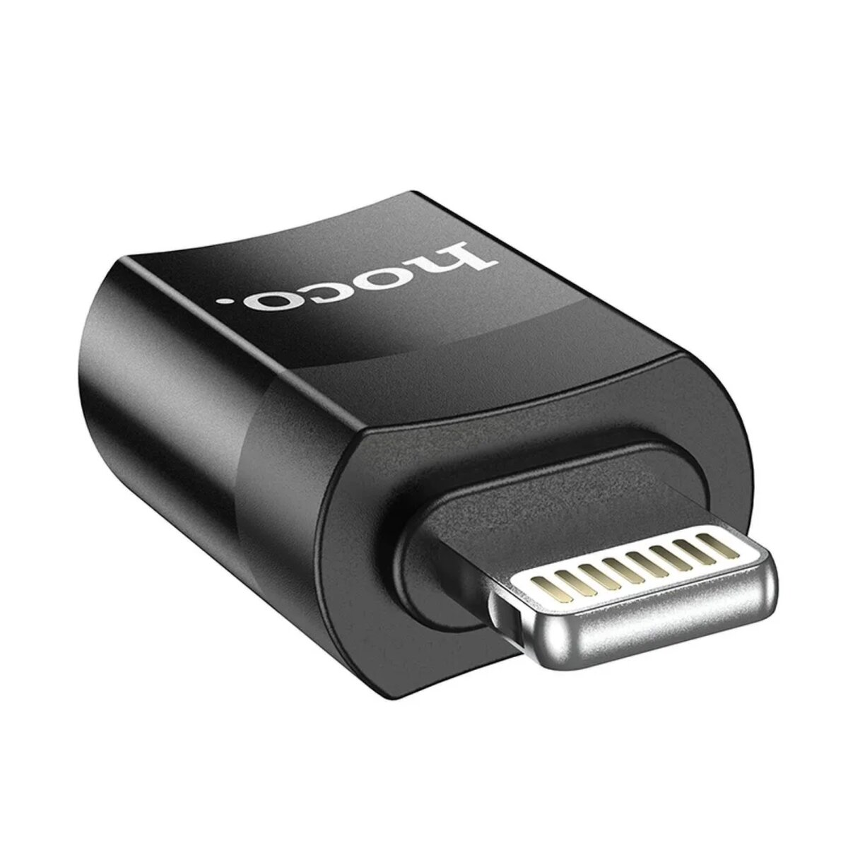 Ein schwarzer Adapter mit Lightning-Anschluss und dem Wort 'hoco' darauf gedruckt.