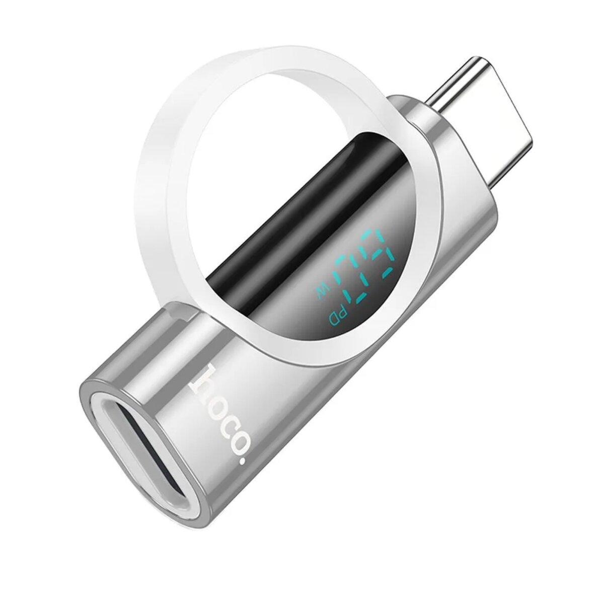 Silberner USB-C-Adapter mit Digitalanzeige für den Ladestatus.