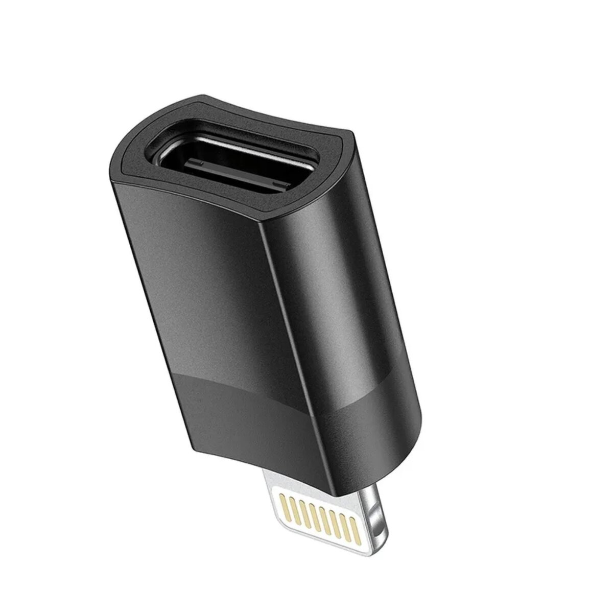 Schwarzer Adapter mit Lightning-Anschluss, abgewinkelt, weißer Hintergrund.