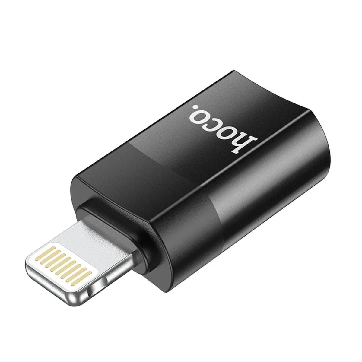 Schwarzer Lightning-Adapter mit sichtbarem Markennamen 'hoco'.