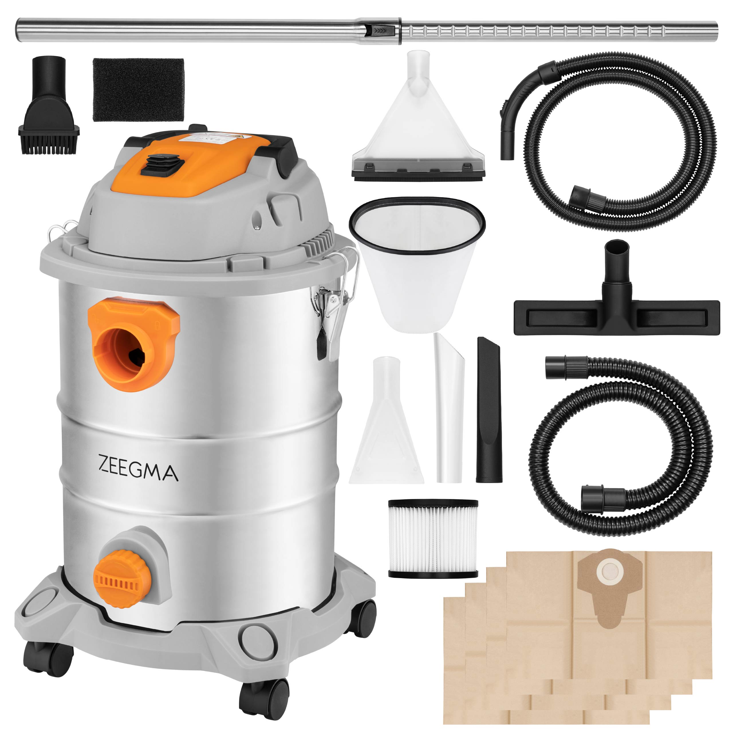 Odkurzacz na mokro i sucho z jego częściami i akcesoriami.