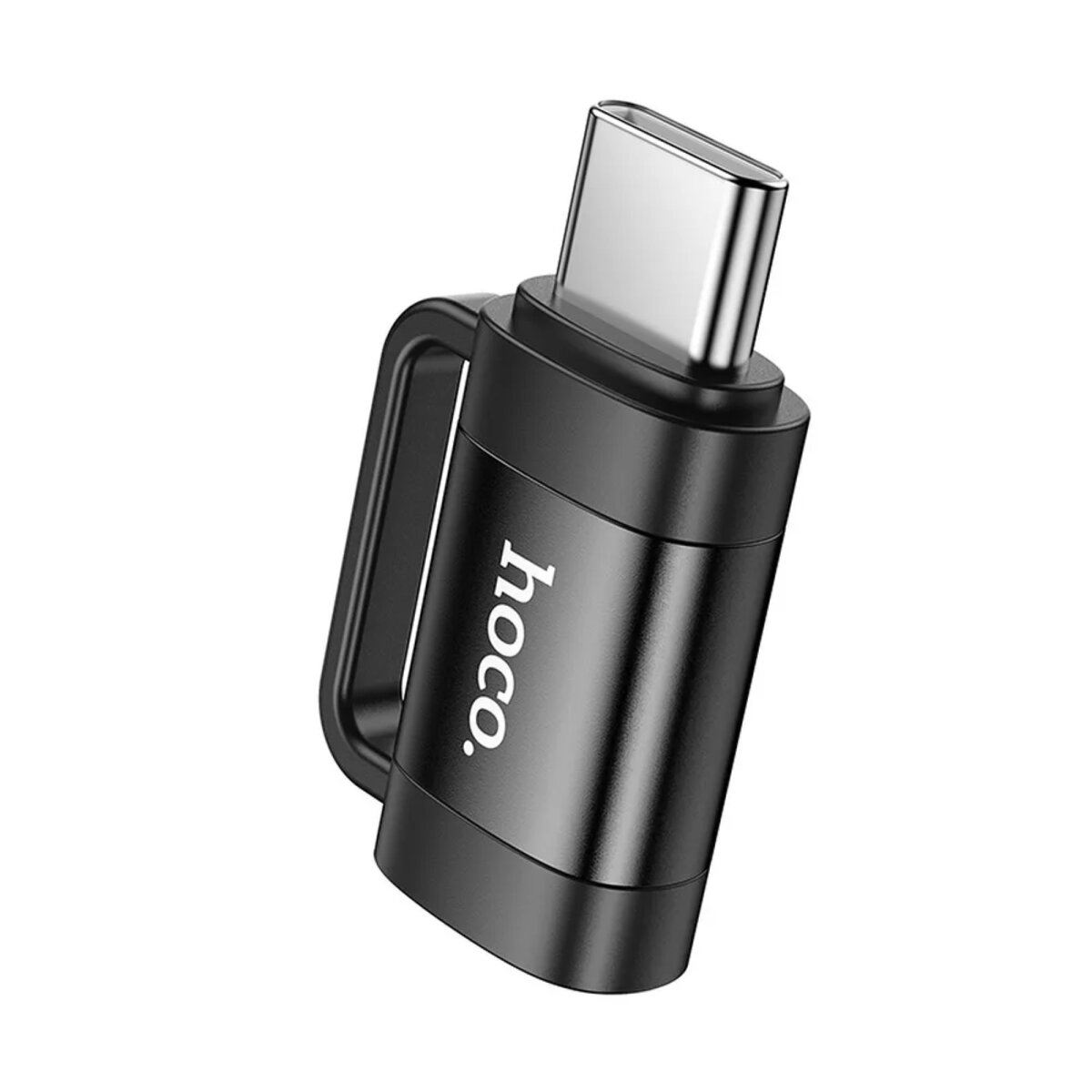 Schwarzer USB-C-Adapter mit Griff, der Markenname 'hoco' ist sichtbar.