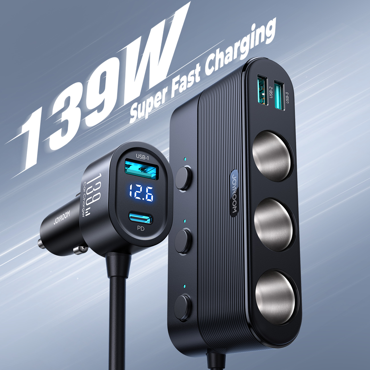 Autoladegerät mit zwei USB-Anschlüssen, Anzeige der Spannung, schwarzer Hintergrund und Text 139W.