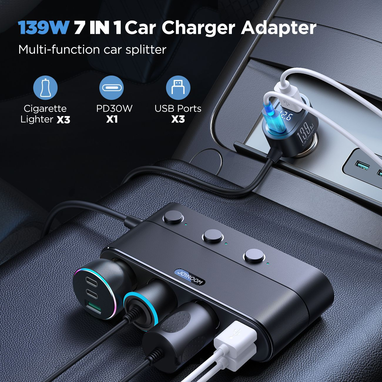 Auto-Adapter mit mehreren angeschlossenen Anschlüssen, die verschiedene Funktionen und USB-Anschlüsse anzeigen.