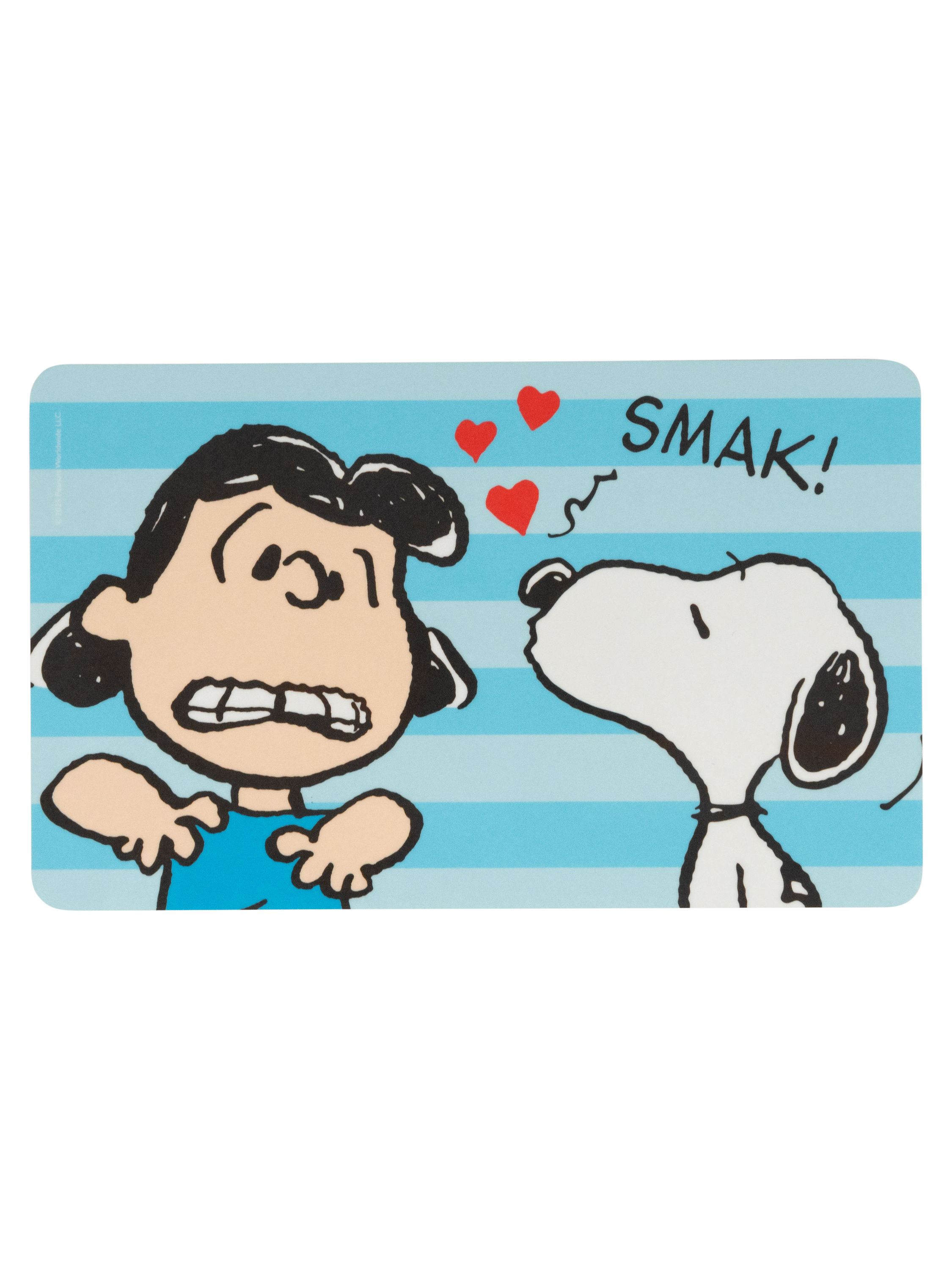 Lucy aus dem Peanuts-Cartoon, schockiert, mit Snoopy, der sie küsst, mit Herzen und dem Wort 'SMAK!'
