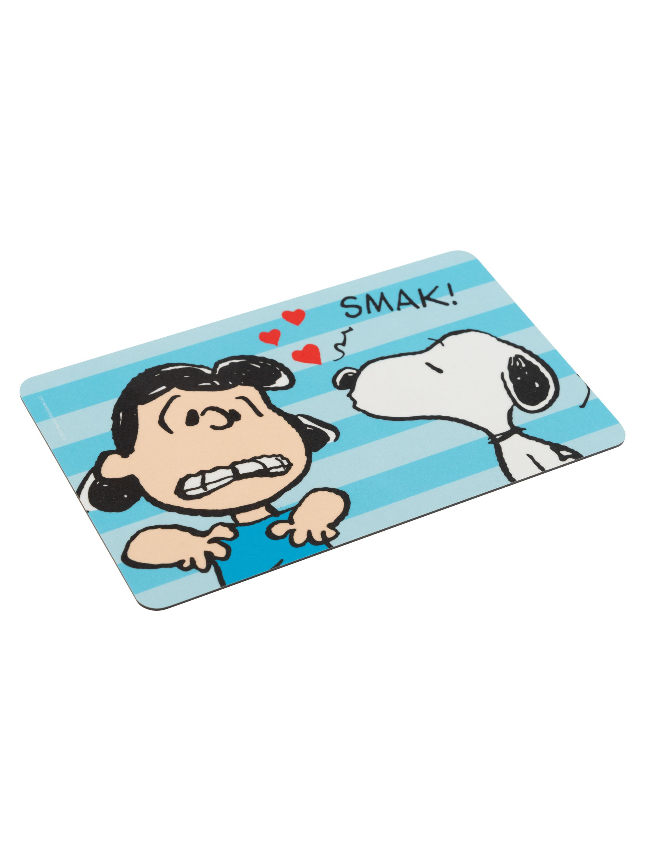 Lucy aus dem Peanuts-Cartoon weicht vor Snoopy aus, der sie küsst, mit Herzen und dem Wort 'SMAK!'