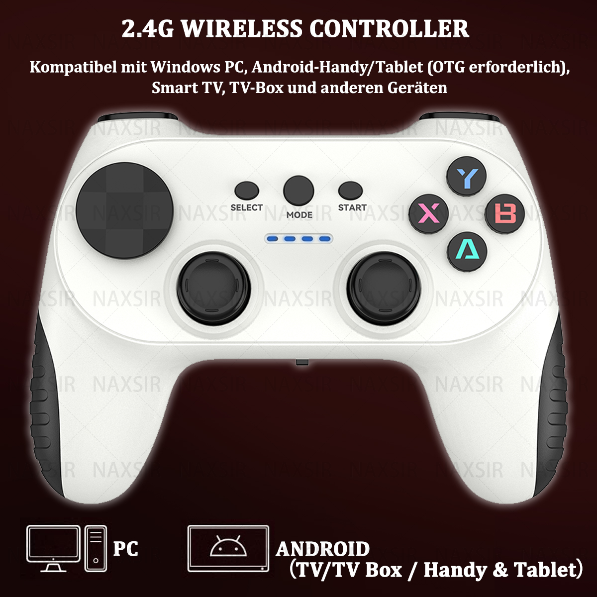 Controller di gioco wireless bianco e nero con pulsanti ed etichette: select, mode, start, X, Y, A, B.