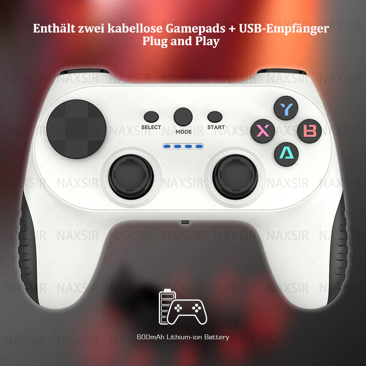 Controller di gioco bianco con pulsanti: select, mode, start, X, Y, A, B. Viene mostrata una batteria da 600mAh.