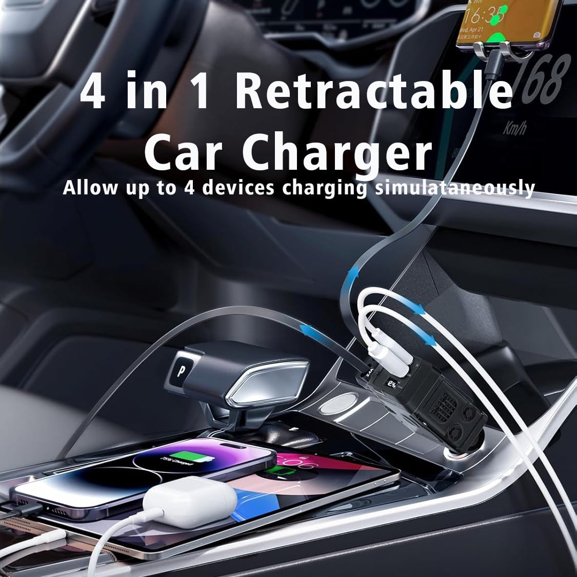 Autoladegerät mit mehreren Kabeln, die Telefone laden. Text lautet '4 in 1 Retractable Car Charger' und 'Allow up to 4'.