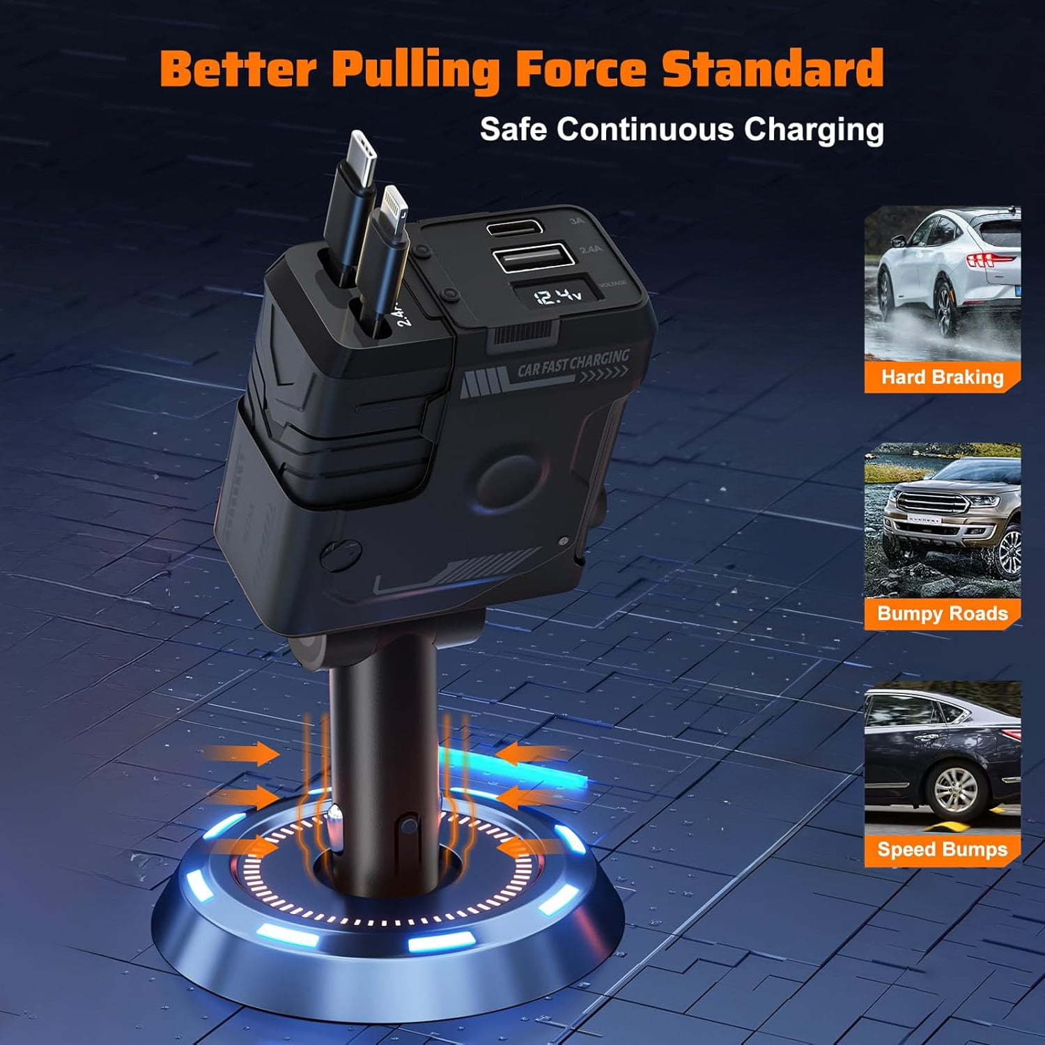Autoladegerät auf einem Ständer, mit Text: 'Better Pulling Force Standard' und Bildern von Autos und Straßenbedingungen.