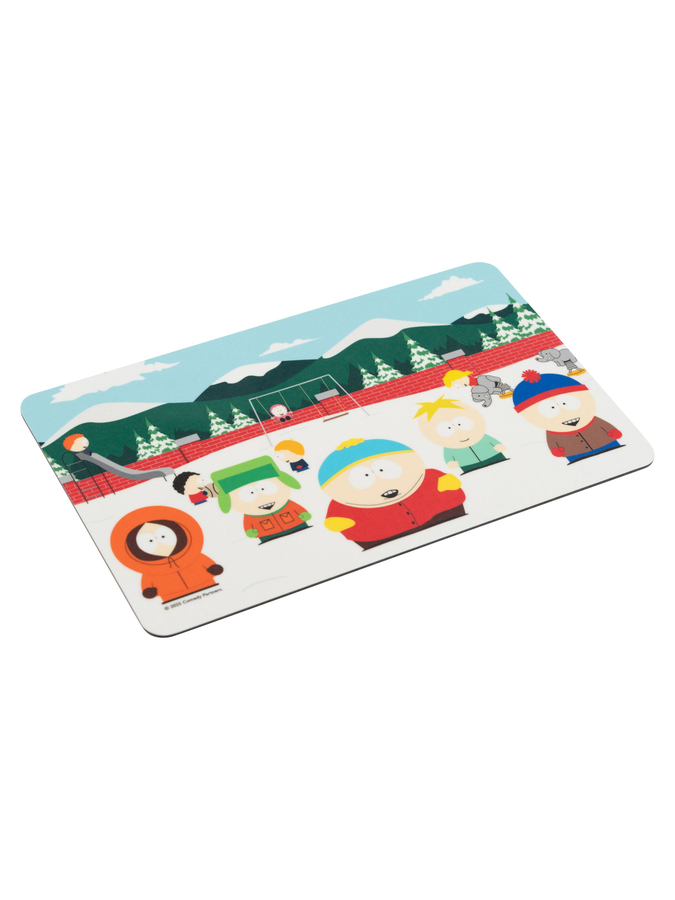 Mousepad mit South Park-Charakteren auf verschneitem Hintergrund.