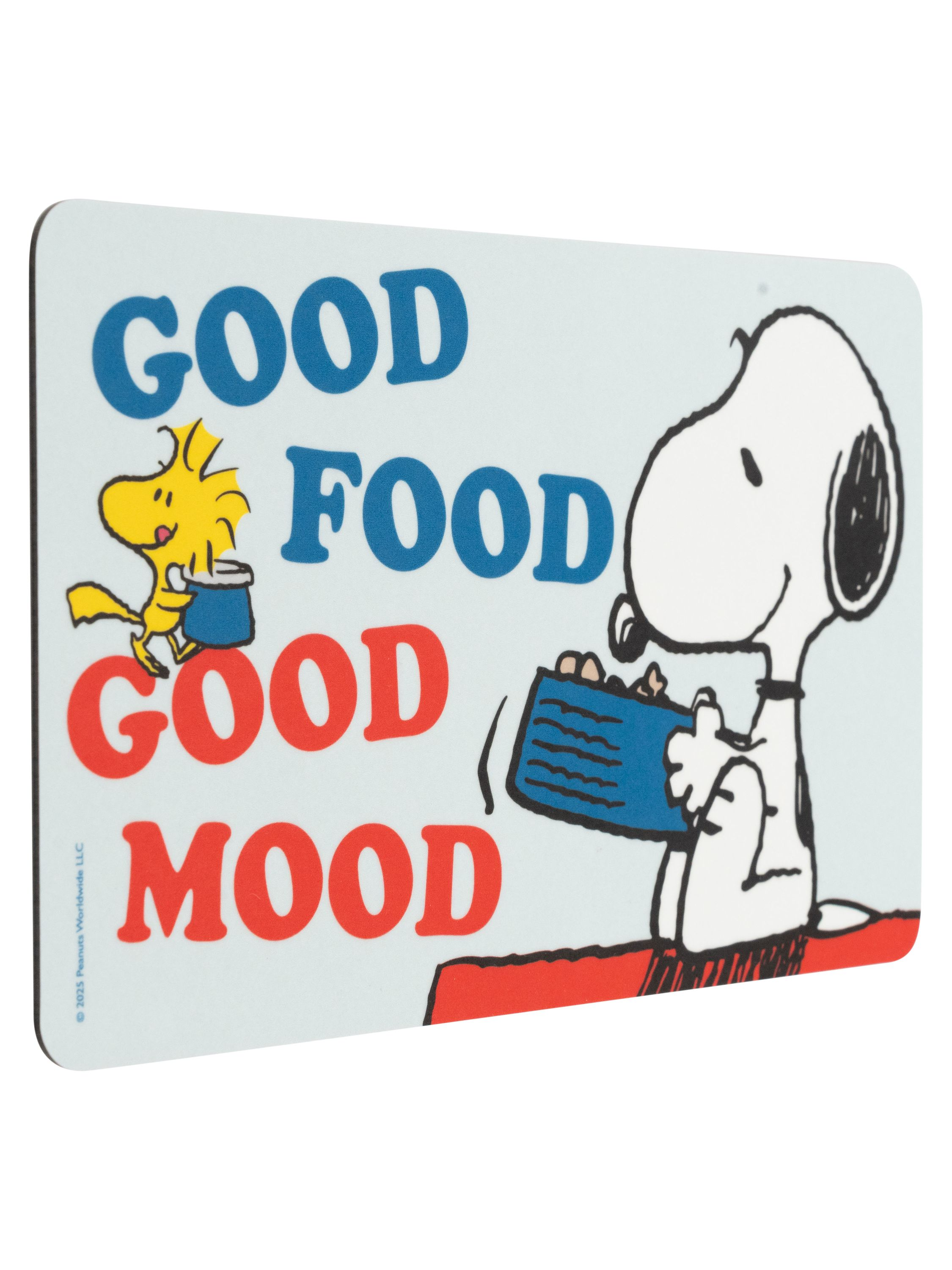 Snoopy und Woodstock auf hellblauem Untergrund. Der Text lautet 'GOOD FOOD GOOD MOOD' in Rot und Blau.
