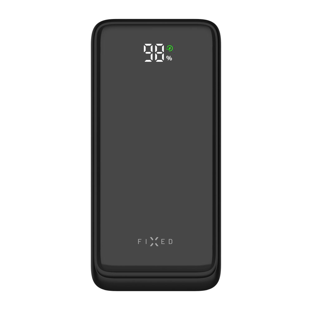 Schwarze Powerbank mit digitaler Anzeige, die den Ladeprozentsatz anzeigt, und dem Wort 'FIXED' unten.