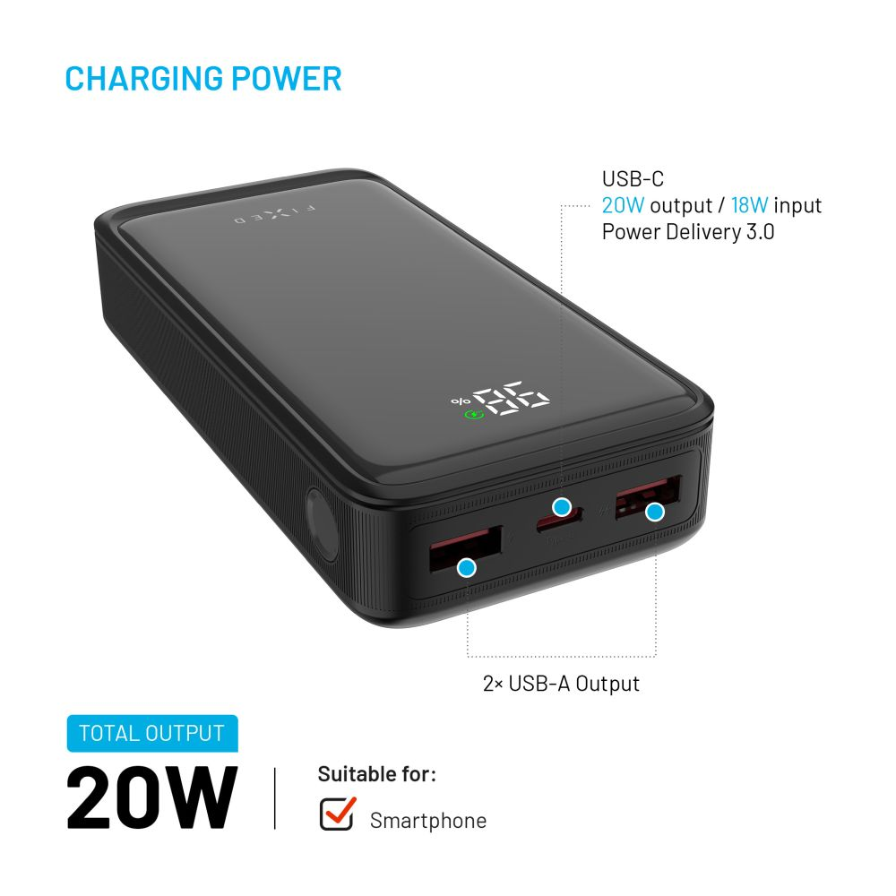 Schwarze Powerbank mit Ladeanzeige. USB-Anschlüsse sichtbar. Text zeigt 20W Ausgang, geeignet für Smartphones.