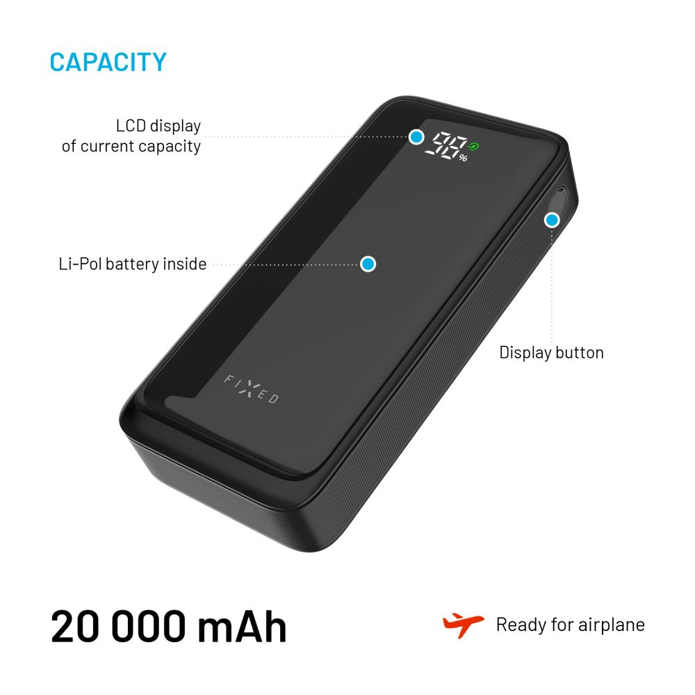 Schwarze Powerbank mit Anzeige, die 98% Ladung anzeigt. Text zeigt 20000 mAh Kapazität und 'Ready for airplane'.