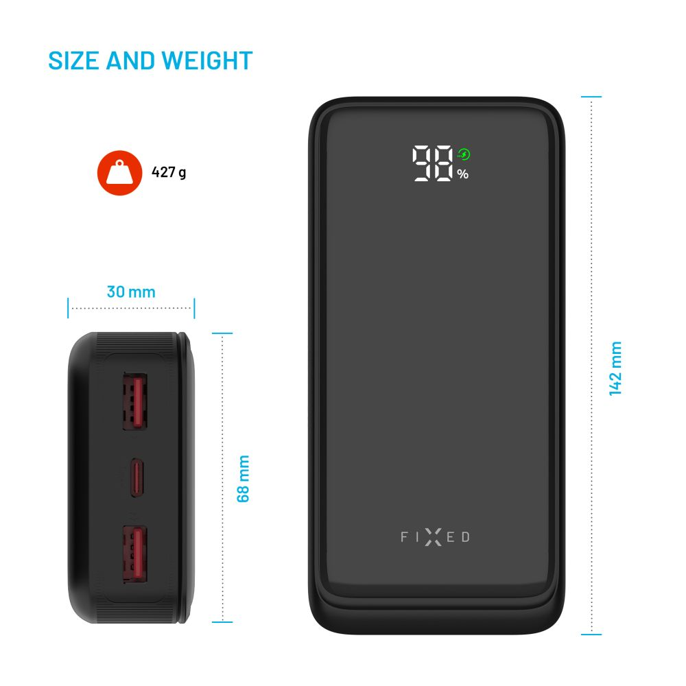 Zwei Powerbanks nebeneinander mit Abmessungen. Eine ist 142 mm x 68 mm x 30 mm.