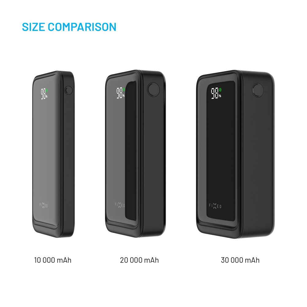 Größenvergleich von drei Powerbanks: 10000 mAh, 20000 mAh und 30000 mAh.
