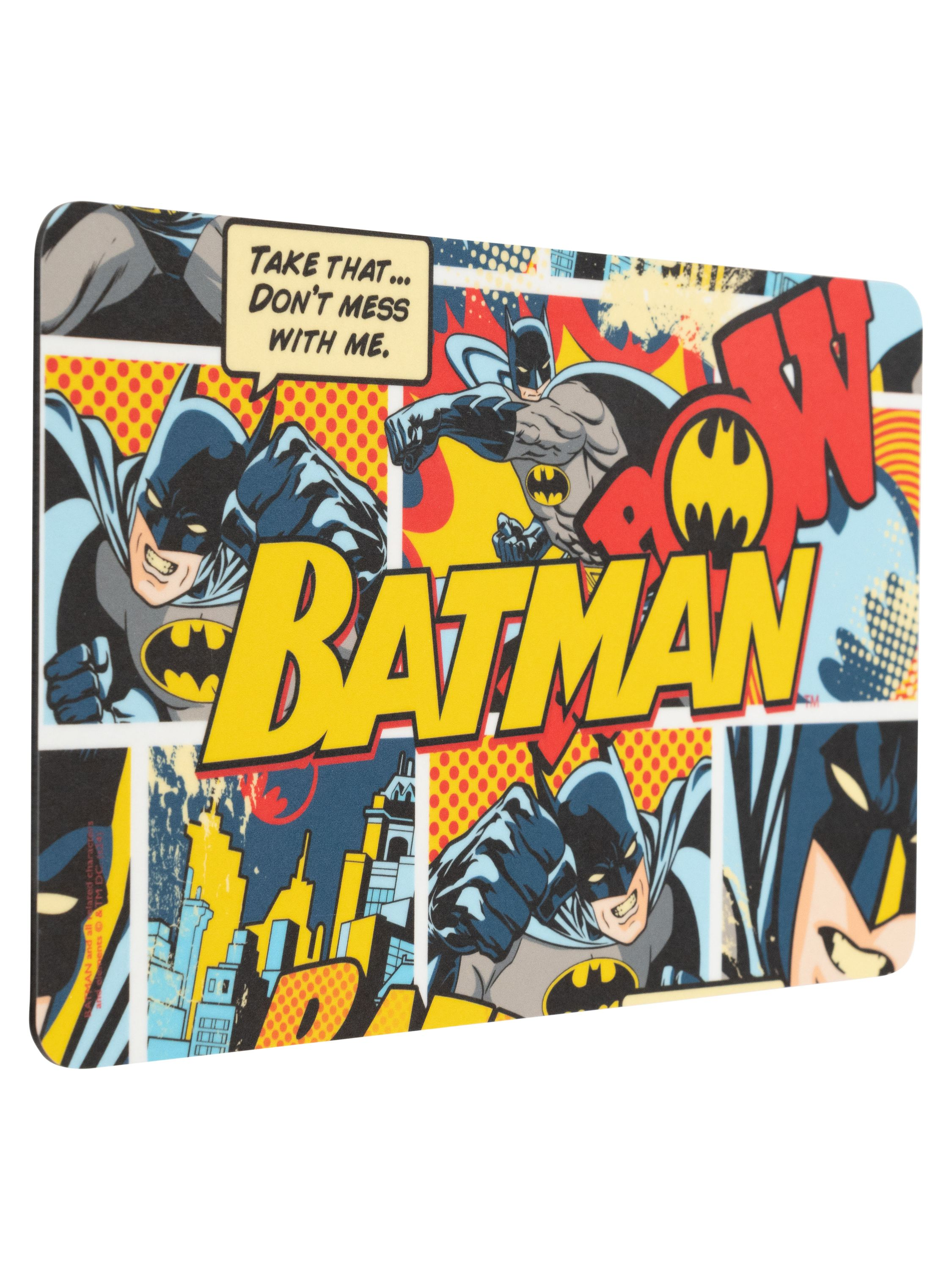 Batman-Mousepad im Comic-Stil mit Batman-Bildern und Sprechblasen. Gelb und Schwarz.