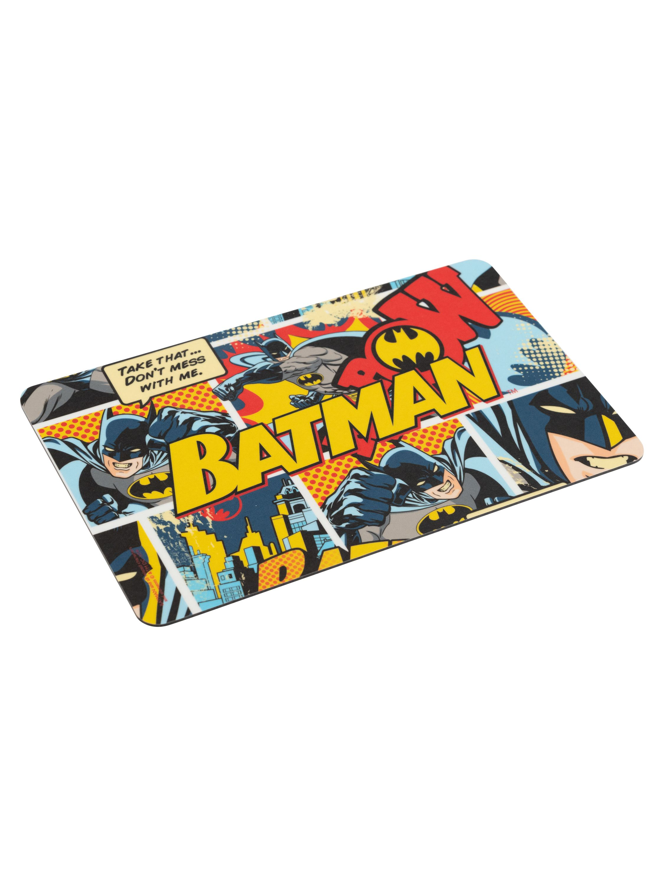 Rechteckige Matte mit Batman-Comic-Panels, mit Batman und Text.