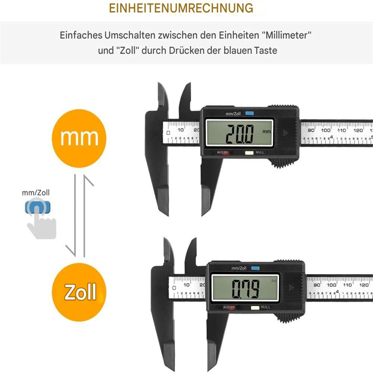 Zwei schwarze Messschieber mit Digitalanzeigen. Text zeigt mm- und Zoll-Optionen.