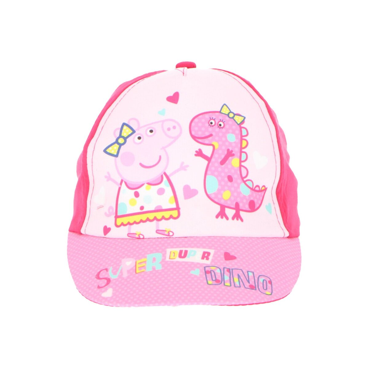 Rosa Peppa Wutz Kappe mit Peppa und einem Dinosaurier, Text SUPER DUPER DINO.