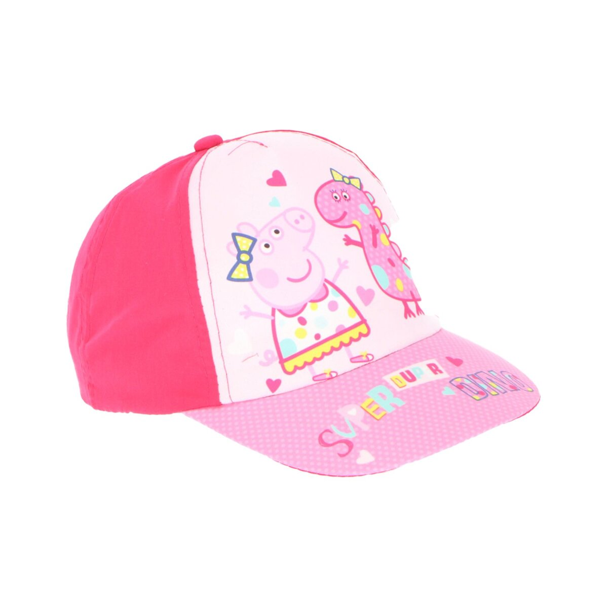 Rosa Peppa Wutz Kappe. Rosa Krempe, rosa und weiße Vorderseite mit Peppa Wutz und Dinosaurier Illustrationen.