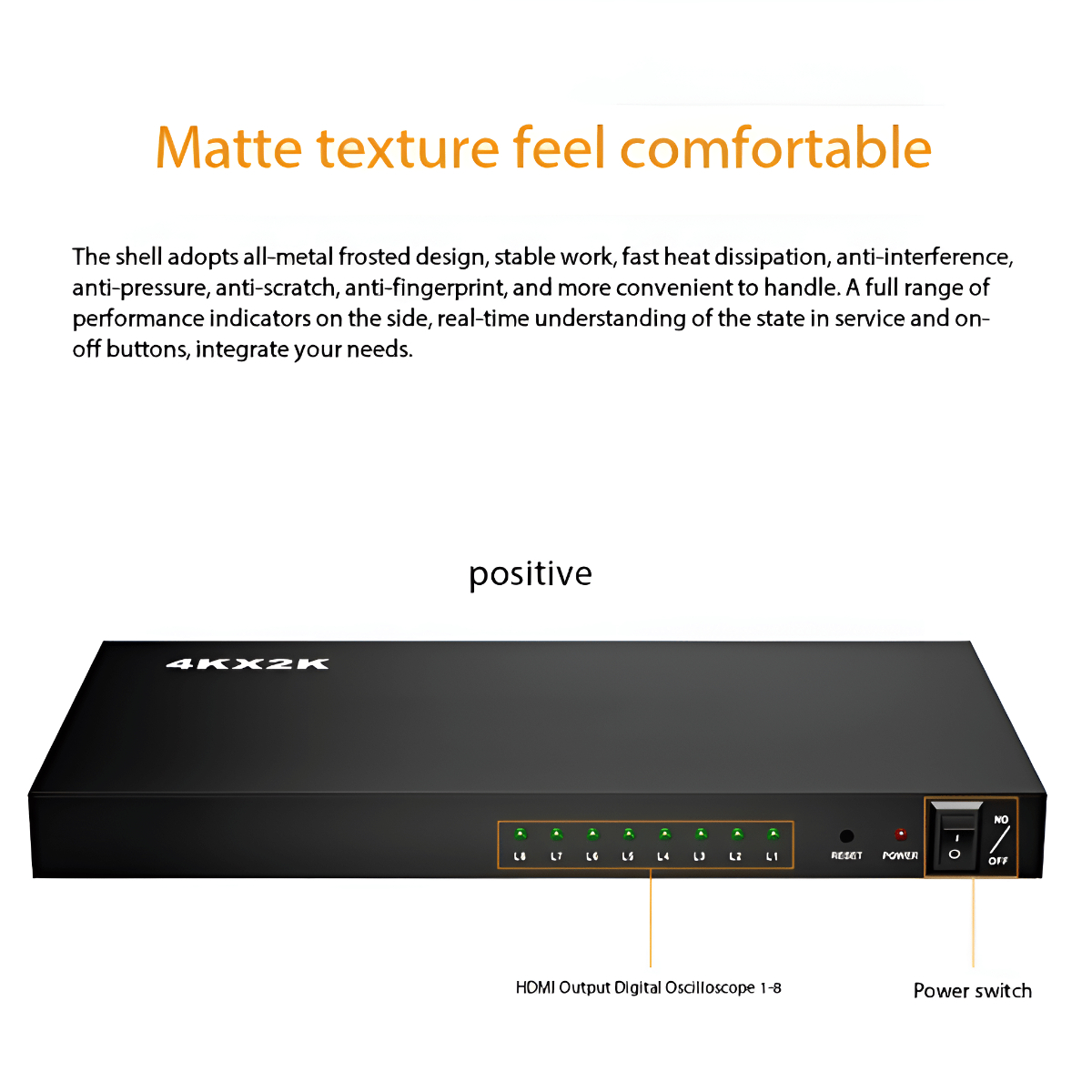 Schwarzes Gerät mit HDMI-Anschlüssen, Netzschalter und Kontrollleuchten. Text sagt 4K X 2K.