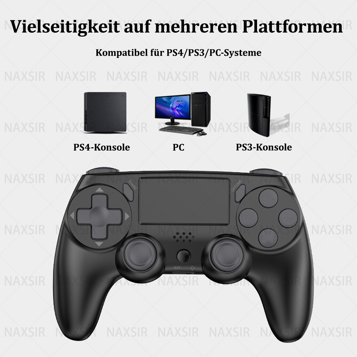 Controller di gioco nero con immagini di console. Testo: 'Versatilità su più piattaforme'.