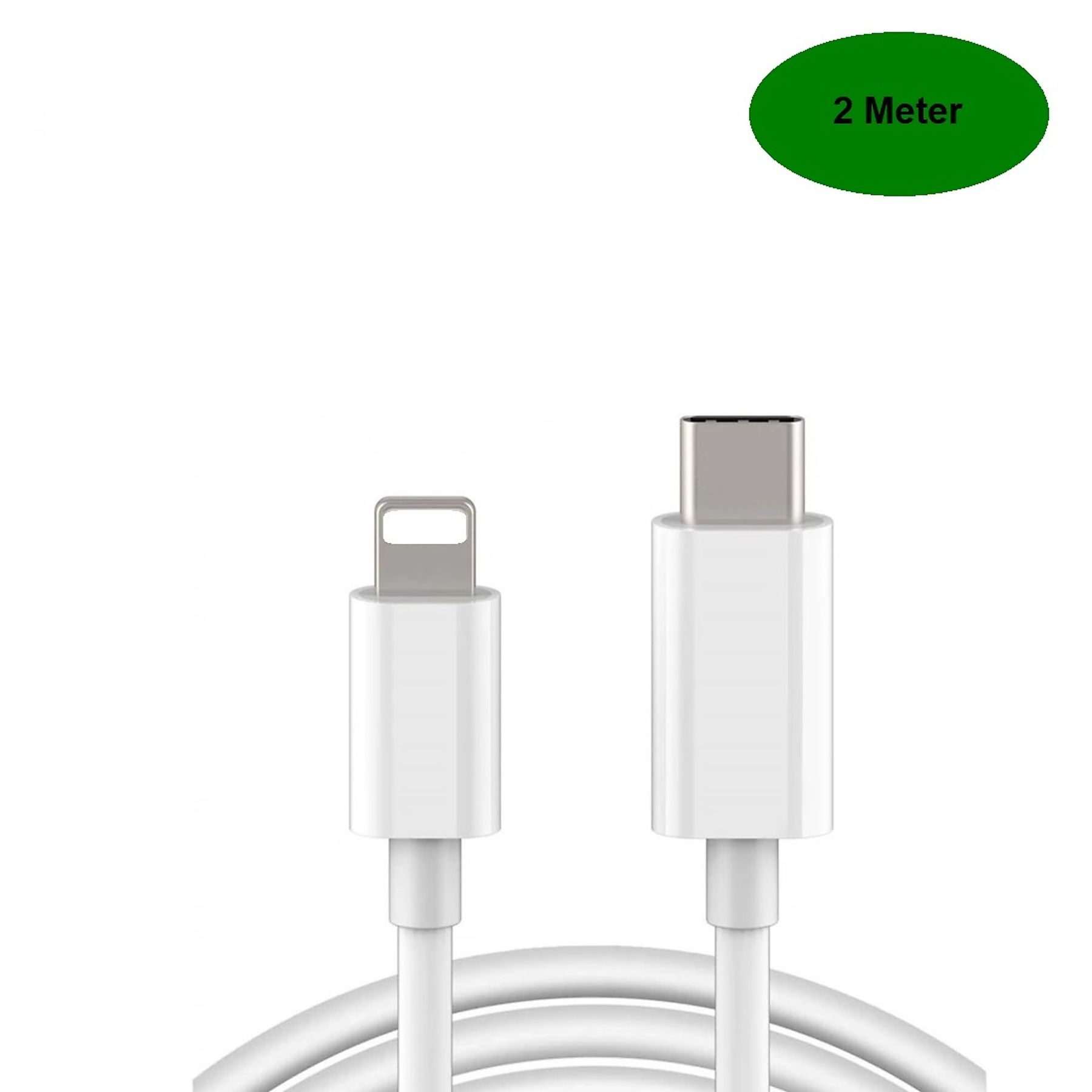 Weiße Ladekabel mit Lightning- und USB-C-Anschlüssen. Ein grünes ovales Etikett lautet '2 Meter'.