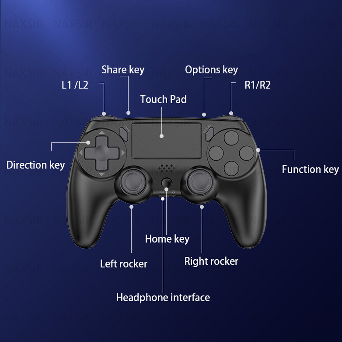 Diagramma del controller di gioco. Mostra vari tasti come direzionali, condividi, opzioni e touch pad.