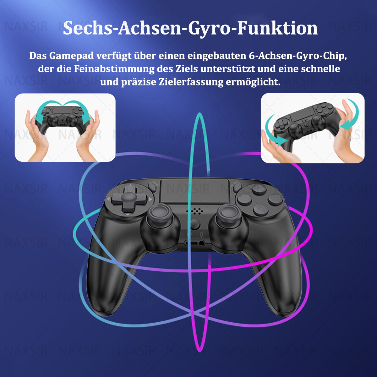 Controller di gioco nero con testo sulla funzione giroscopica. Mani che tengono il controller.