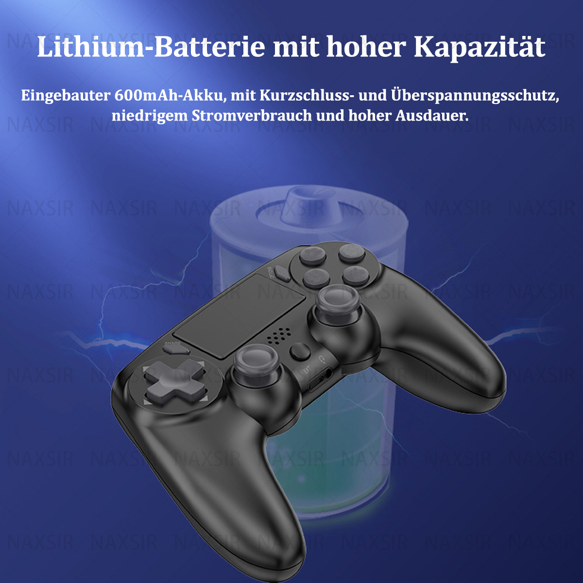 Controller di gioco nero con testo sulla batteria al litio. Grafica della batteria sullo sfondo.