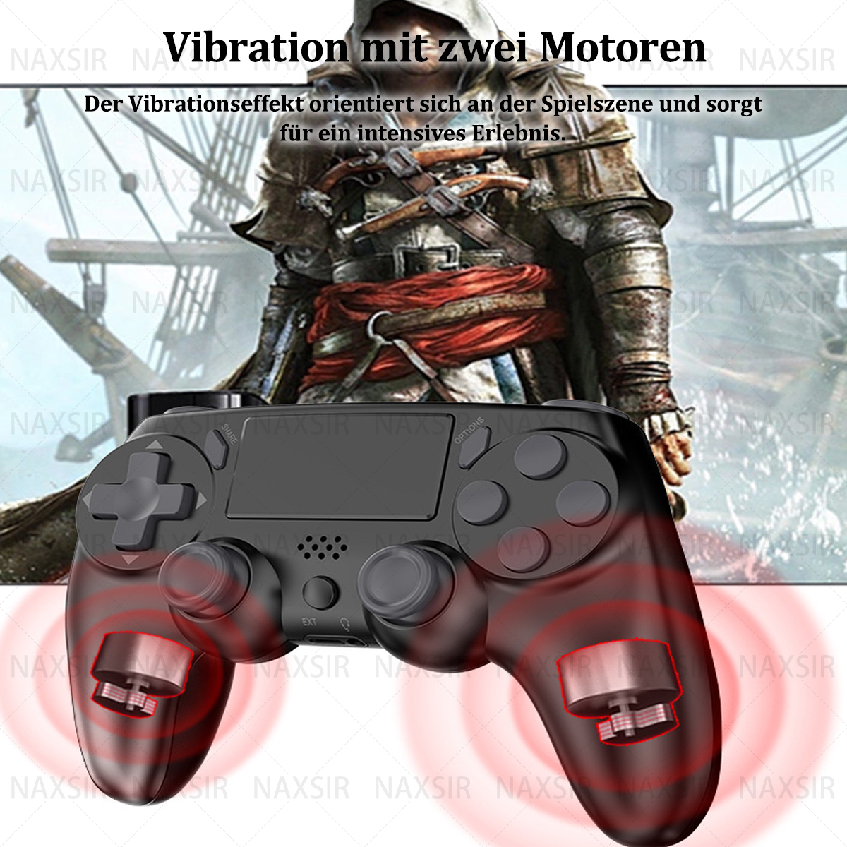 Controller di gioco nero con dettagli rossi. Testo: Vibrazione con due motori. Lo sfondo è una scena di gioco.