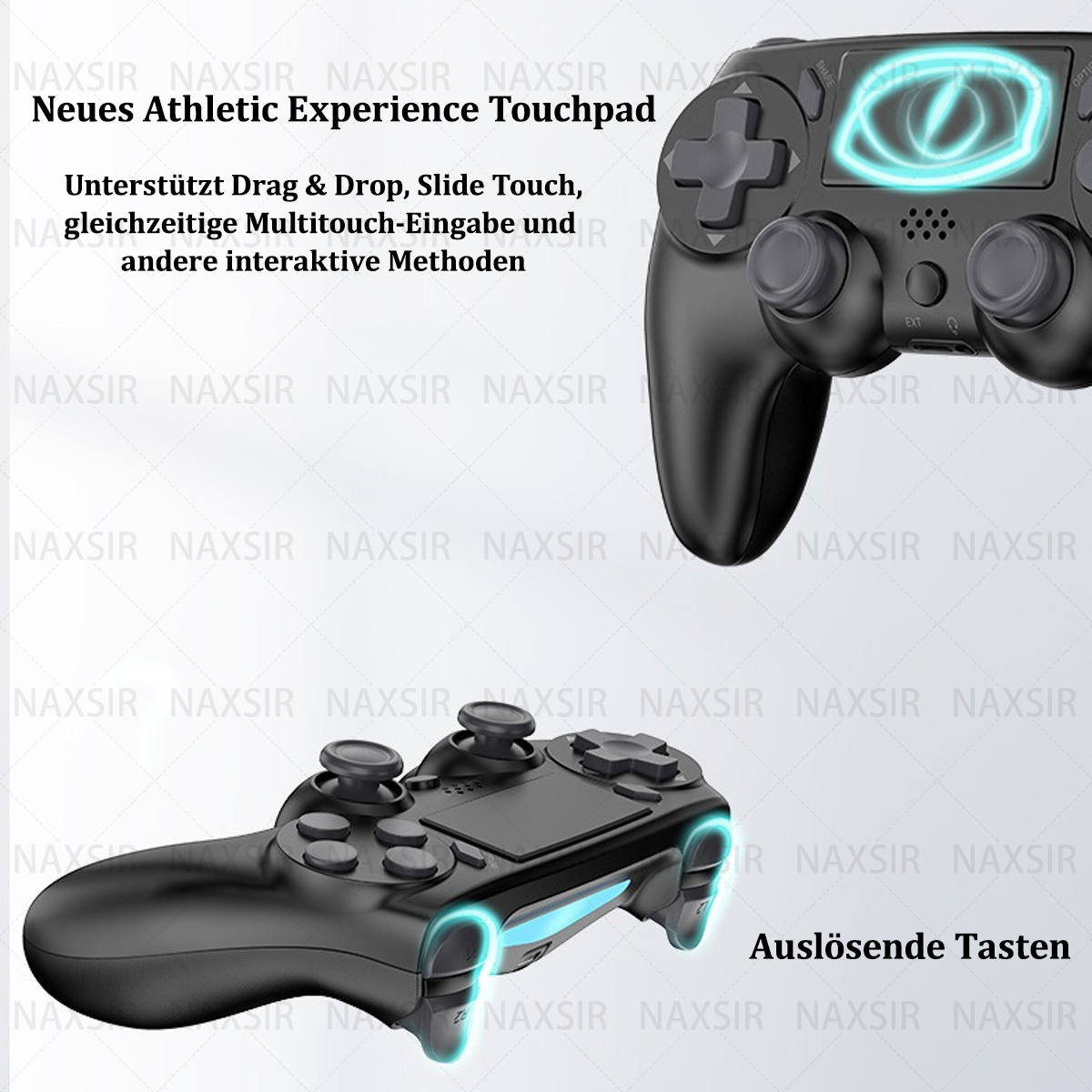 Controller di gioco nero con touchpad e pulsanti grilletto. Testo sulle funzioni.