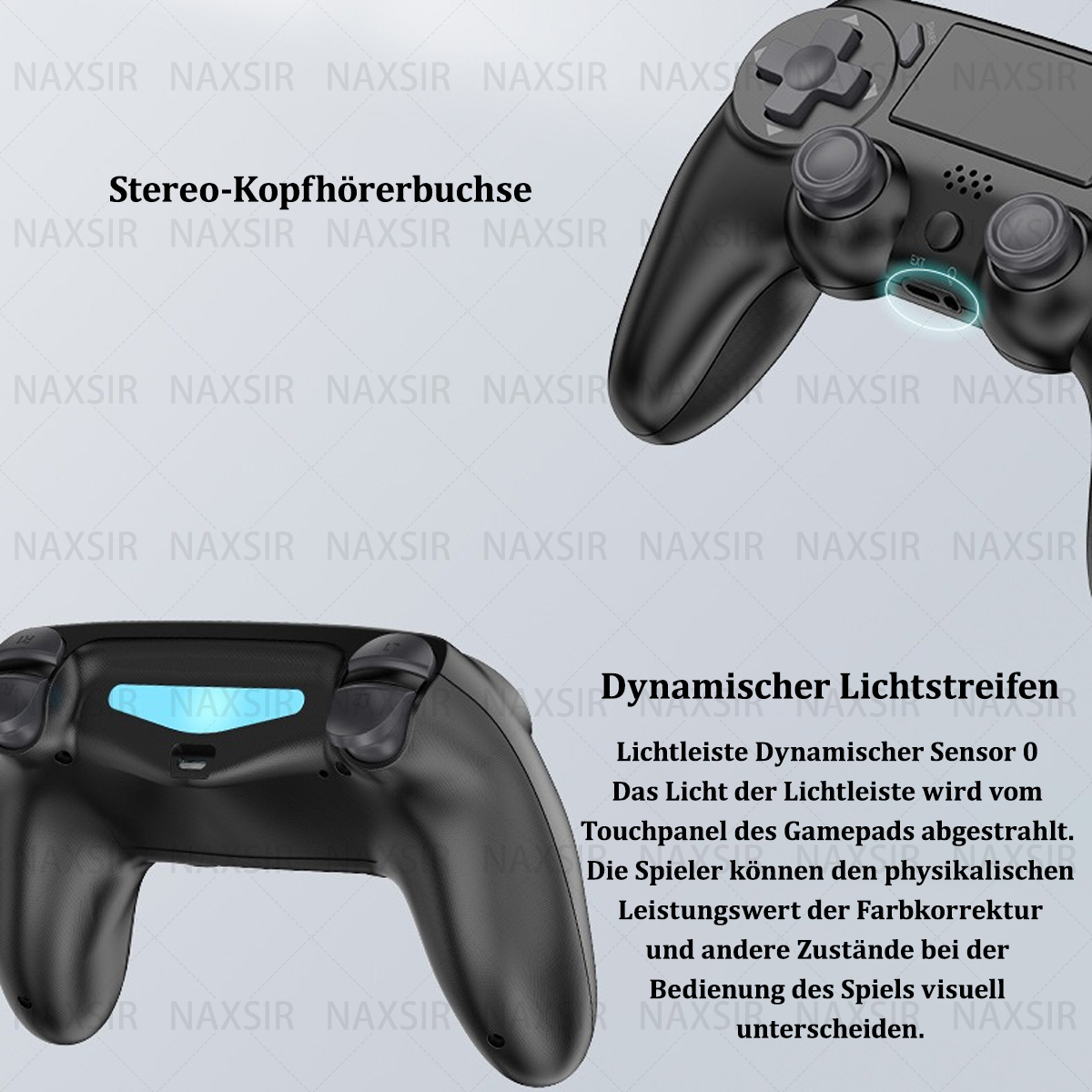 Sono mostrati due controller di gioco neri. Uno è angolato in alto a destra, l'altro in basso a sinistra.