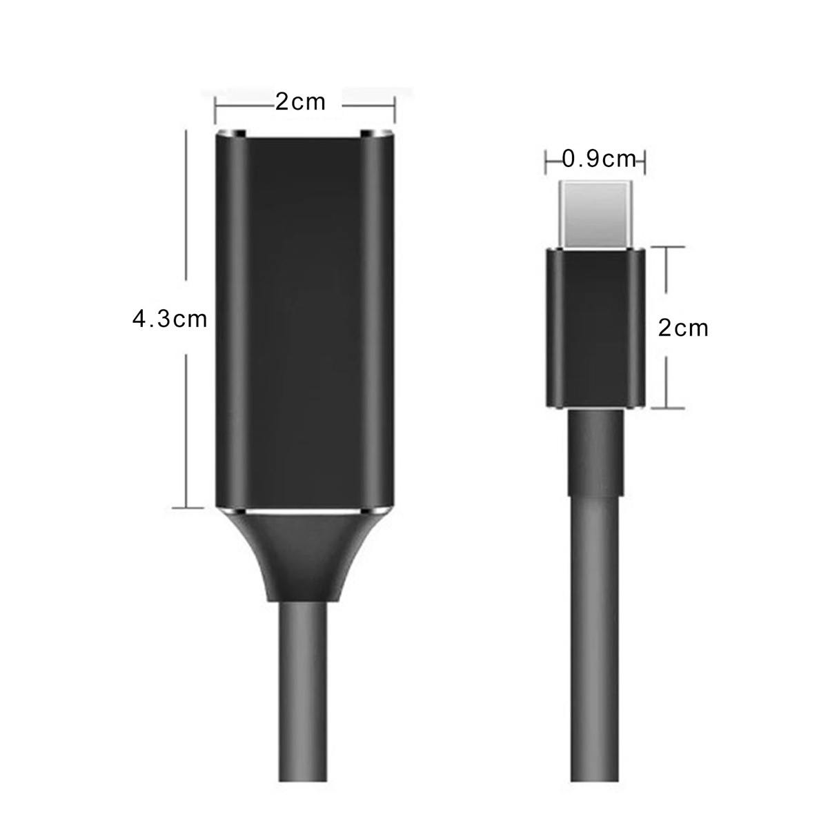 Schwarzer Adapter mit USB-C und einem anderen Anschluss. Abmessungen sind beschriftet.