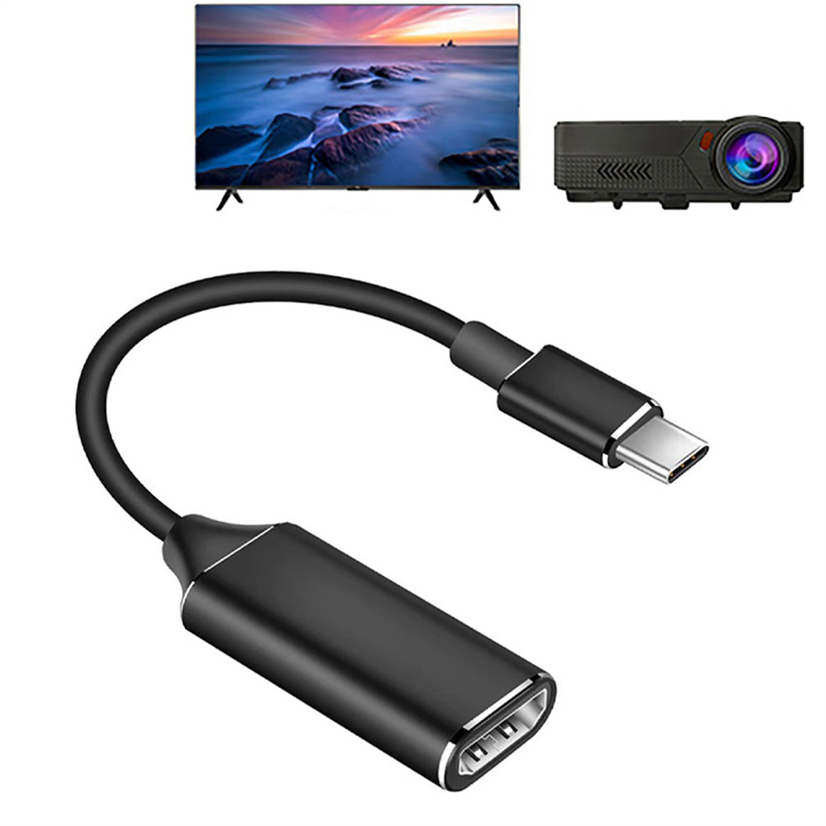 Schwarzer Adapter mit USB-C und HDMI. Zeigt Fernseher und Projektor.