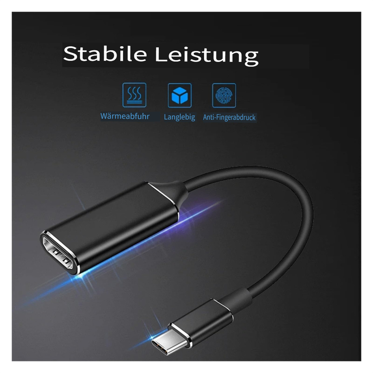 Schwarzer Adapter mit USB-C und Text über stabile Leistung. Symbole für Wärmeableitung usw.